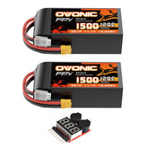2 x OVONIC 11.1V 120C 1500mAh 3S Lipo Battery with XT60 Plug & Lipo Voltage Checker