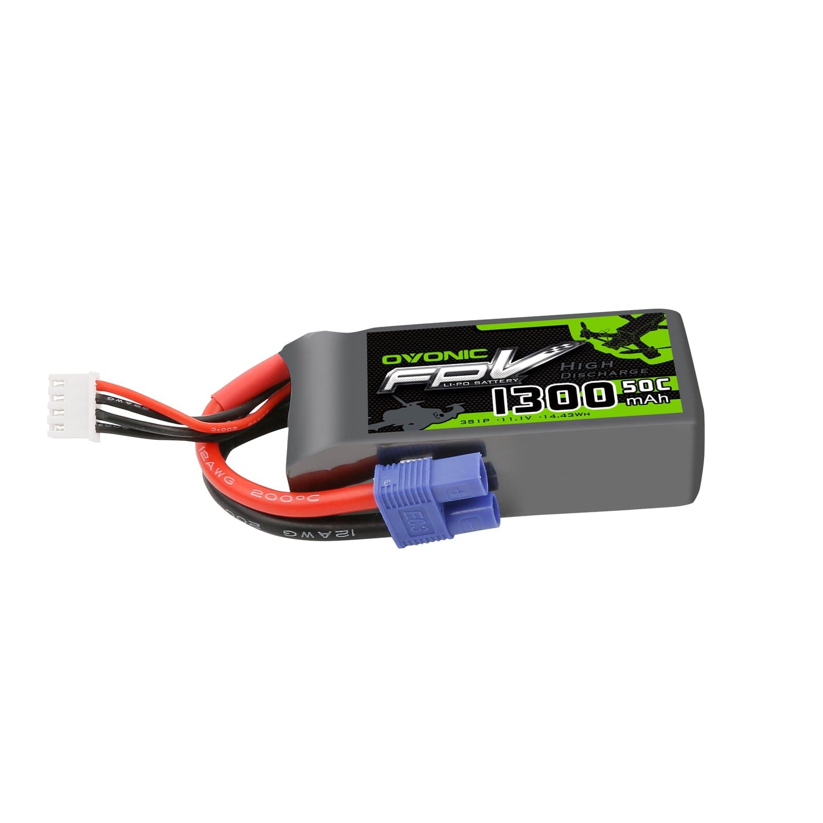 OVONIC 11.1V 1300mAh 3S 50C LiPo Battery Pack with EC3 Plug for Aircraft - Ampow