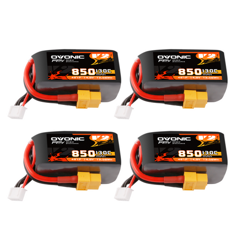 4× OVONIC 11.1V 130C 850mAh 4S LiPo Battery with XT60 Plug
