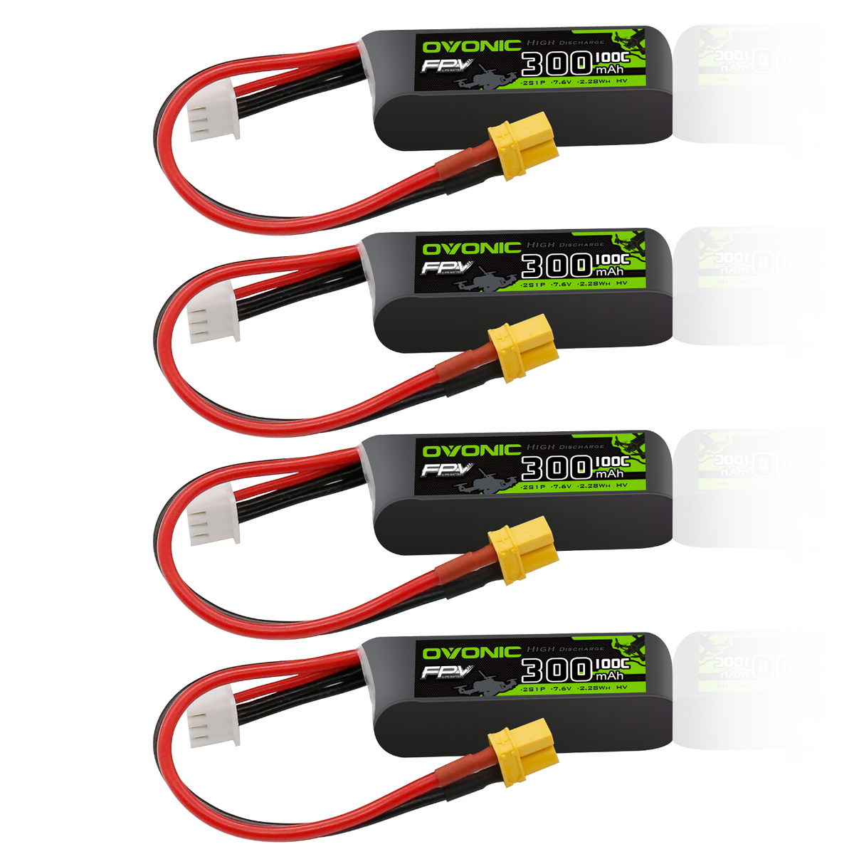 4×OVONIC 2S Lipo Battery 300mAh 2S1P 100C 7.6V LiHV LiPo Battery with XT30 Plug for Tinywhoop 60mm-130mm Brushless FPV Drone