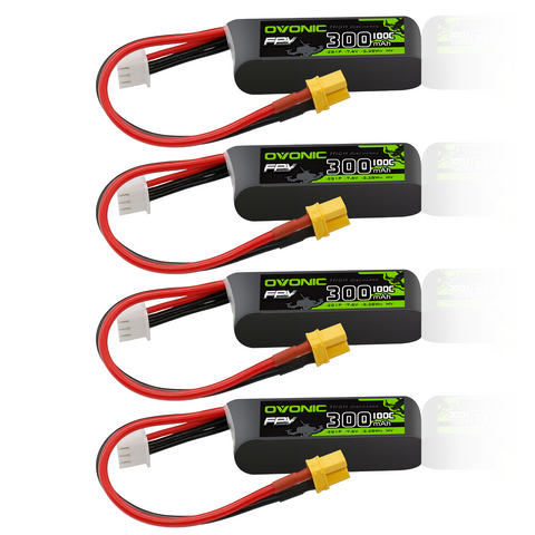 4×OVONIC 2S Lipo Battery 300mAh 2S1P 100C 7.6V LiHV LiPo Battery with XT30 Plug for Tinywhoop 60mm-130mm Brushless FPV Drone