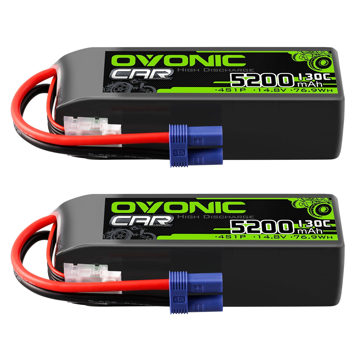 2 × OVONIC 4S Lipo Battery 5200mAh 130C 14.8V RC Lipo Battery with EC5 Plug for RC 1/10 1/8 Vehicles Car RC Truck