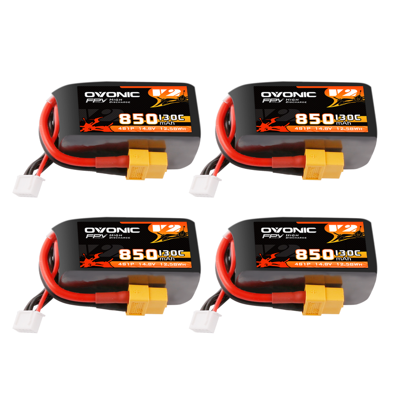 4× OVONIC 11.1V 130C 850mAh 4S LiPo Battery with XT60 Plug