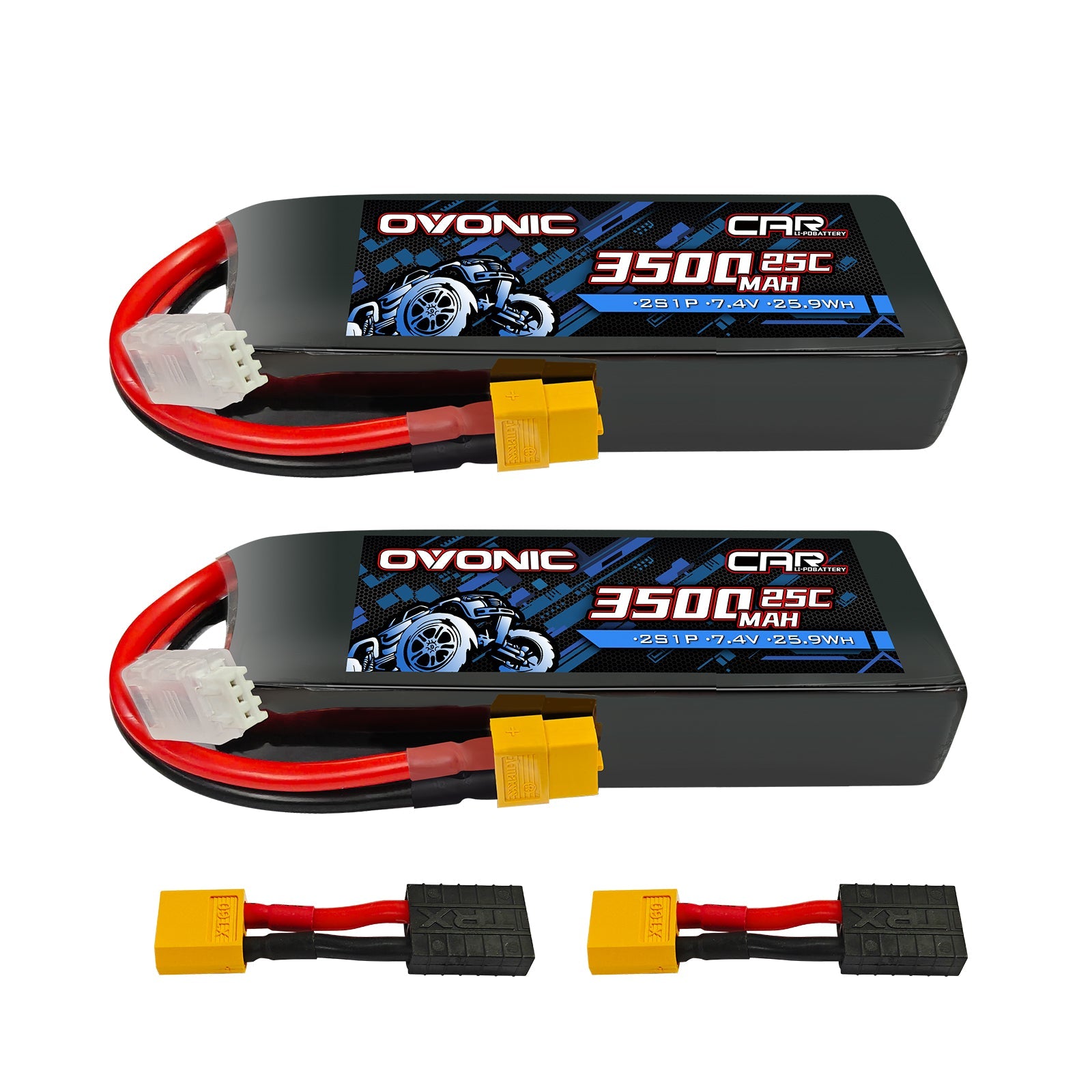 2-Pack Ovonic 7.4V 3500mAh 2S LiPo Battery | Lightweight 2S1P with XT60 to TRA Plug for LaTrax, 1/12 Scale & 1/10 Buggy