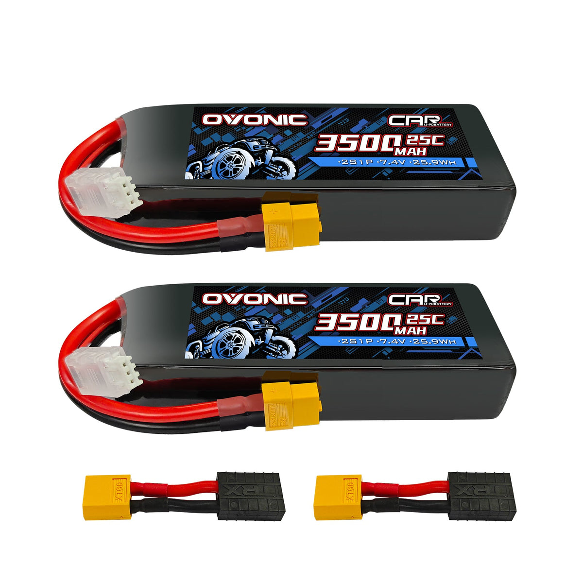 2-Pack Ovonic 7.4V 3500mAh 2S LiPo Battery | Lightweight 2S1P with XT60 to TRA Plug for LaTrax, 1/12 Scale & 1/10 Buggy