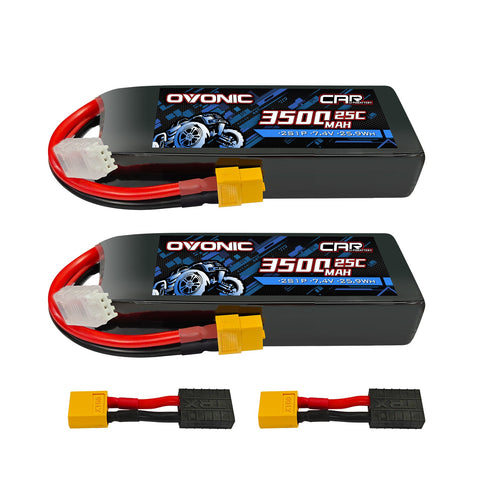 2-Pack Ovonic 7.4V 3500mAh 2S LiPo Battery | Lightweight 2S1P with XT60 to TRA Plug for LaTrax, 1/12 Scale & 1/10 Buggy