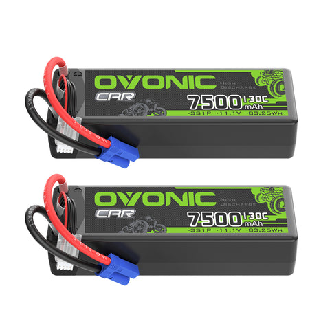 2 x OVONIC 3S 7500mAh 130C 11.1V LiPo Battery with EC5 Plug for 1/8 & 1/10 Scale RC Car Boat Helicopter