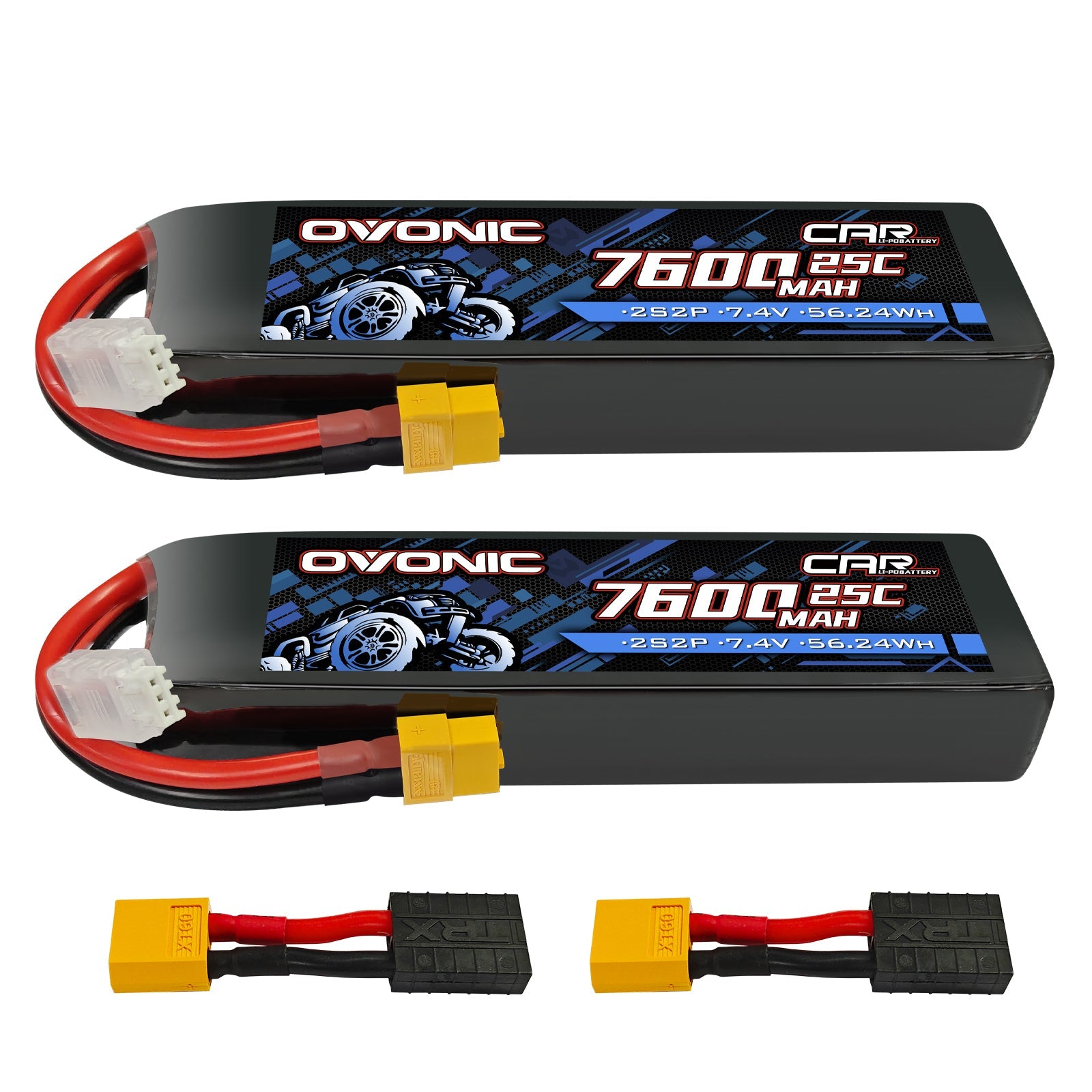 2Pack Ovonic 7.4V 7600mAh 2S2P LiPo Battery Ultra High Capacity with XT60 to TRA Plug for Rustler, Stampede & Arrma