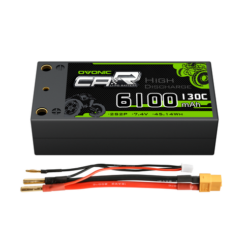 OVONIC Drag Racing Series 2S Lipo Battery 6100mAh 2S2P 130C 7.4V Hardcase Shorty LiPo Pack with 8.0mm Bullet for RC Drag Racing Cars