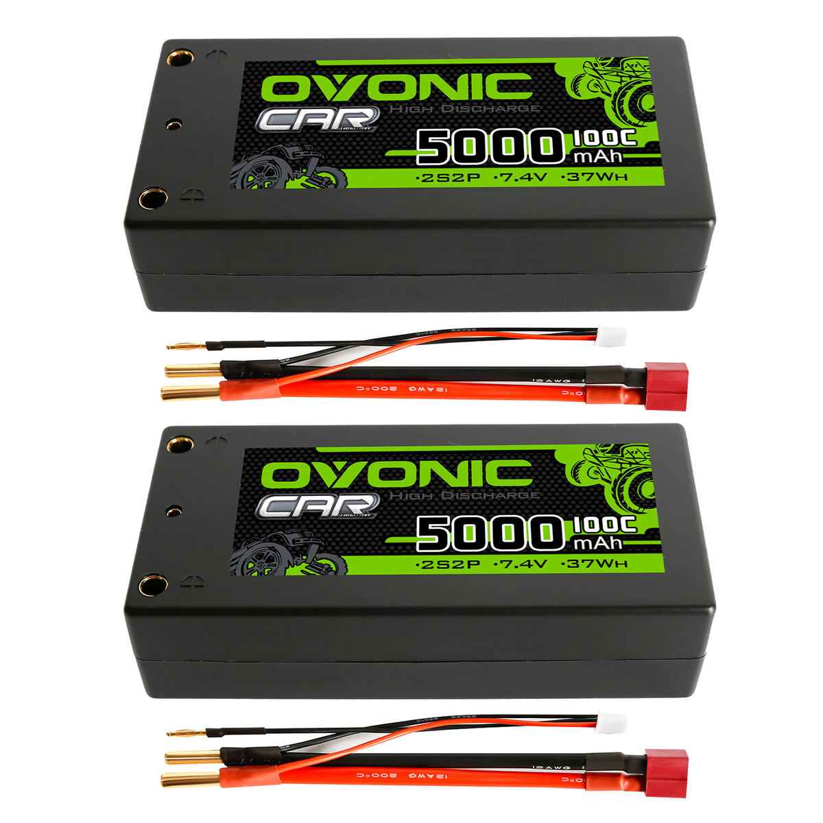 Ovonic 100C 7.4V 5000mAh 2S2P Hardcase Shorty LiPo Battery with 4mm Bullet Dean-Style T Connector for 1/10 RC Buggy Truck