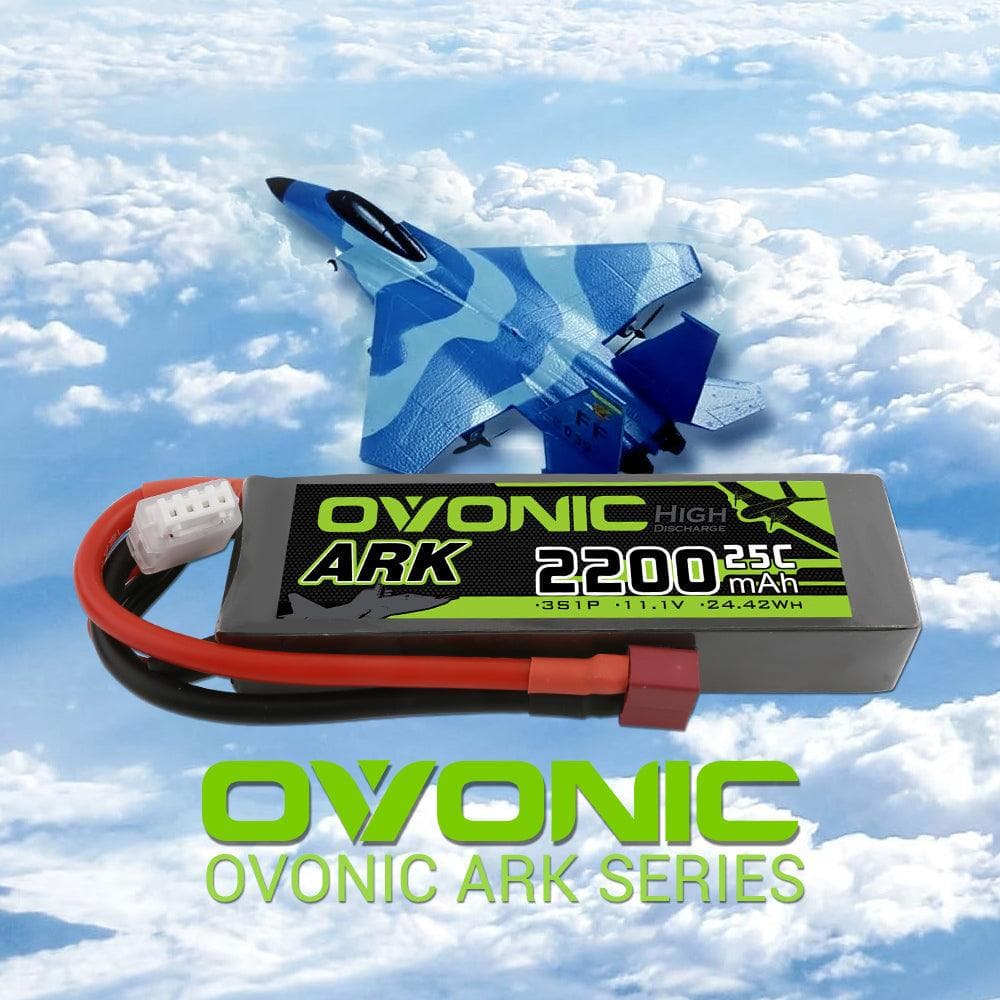 [2 Packs] OVONIC ARK series 11.1V 2200mAh 3S 25C Lipo Battery with Deans for Glider, Park flyer - Ampow