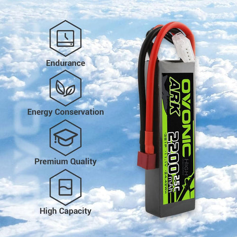 [2 Packs] OVONIC ARK series 11.1V 2200mAh 3S 25C Lipo Battery with Deans for Glider, Park flyer - Ampow