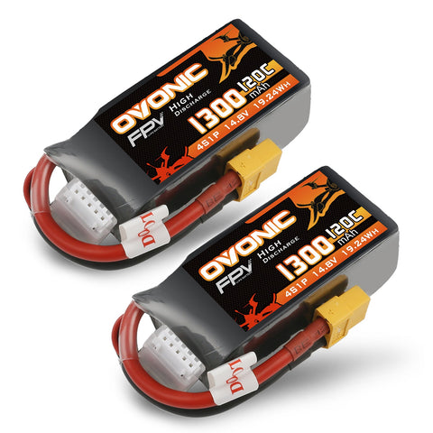 2×Ovonic 120C 1300mAh 4S LiPo Battery Pack 14.8V for FPV Racing Drone with XT60 Plug