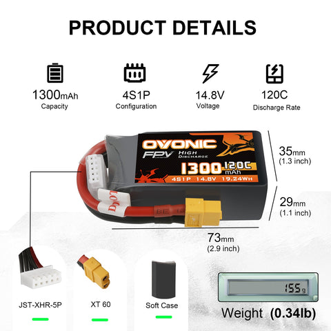 2×Ovonic 120C 1300mAh 4S LiPo Battery Pack 14.8V for FPV Racing Drone with XT60 Plug