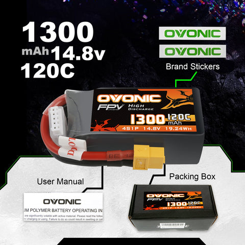 2×Ovonic 120C 1300mAh 4S LiPo Battery Pack 14.8V for FPV Racing Drone with XT60 Plug