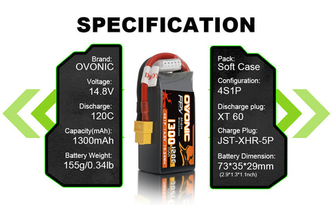 2×Ovonic 120C 1300mAh 4S LiPo Battery Pack 14.8V for FPV Racing Drone with XT60 Plug