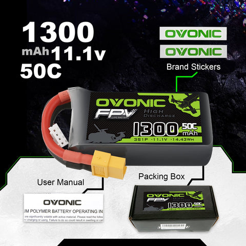 OVONIC 3S LiPo Battery 1300mAh 50C 11.1V with XT60 Plug for Racing Drone