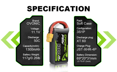 OVONIC 3S LiPo Battery 1300mAh 50C 11.1V with XT60 Plug for Racing Drone