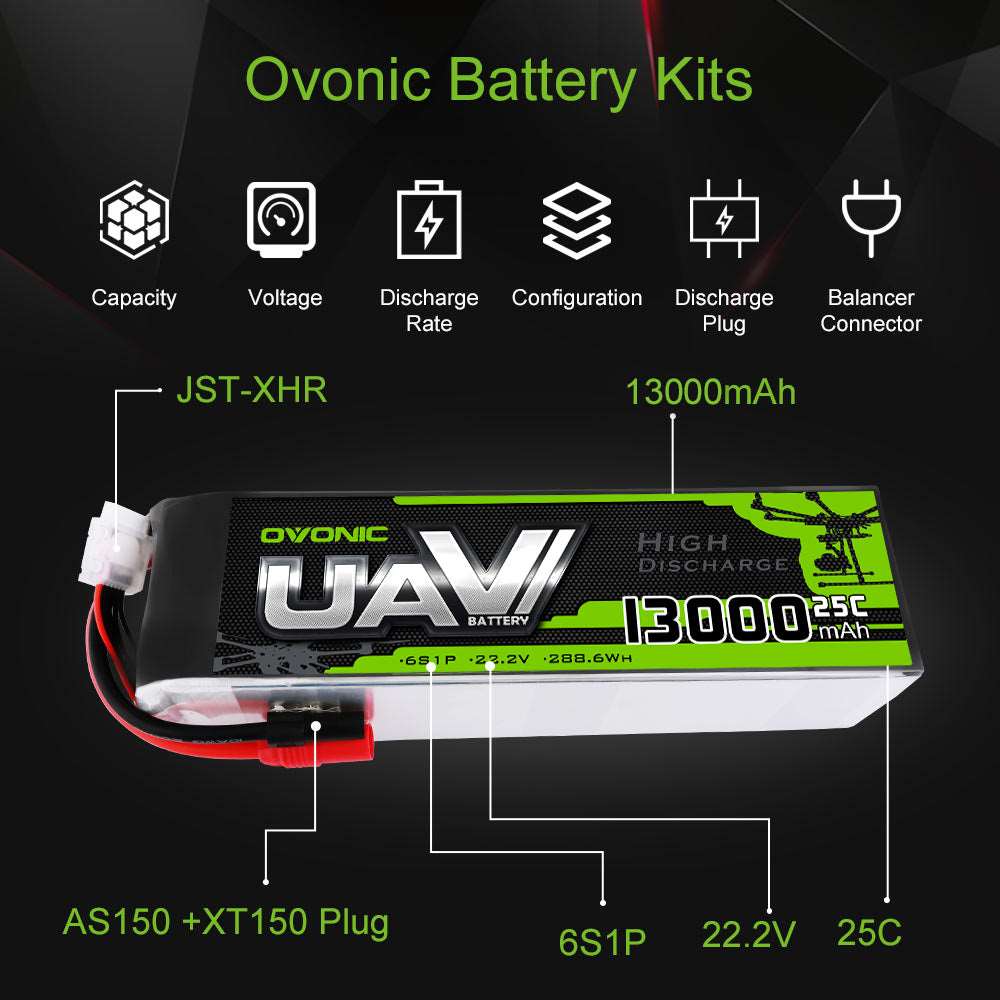 Ovonic 22.2V 25C 6S 13000mAh LiPo Battery Pack with AS150 +XT150 Plug for Multirotors Drone - Ampow