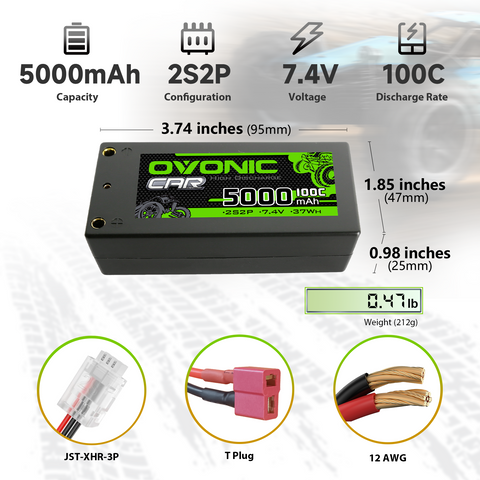 Ovonic 100C 7.4V 5000mAh 2S2P Hardcase Shorty LiPo Battery with 4mm Bullet Dean-Style T Connector for 1/10 RC Buggy Truck