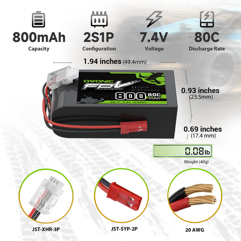 2× OVONIC 11.1V 80C 800mAh 2S LiPo Battery with JST Plug for 250 Helicopters, 800mm Warbird
