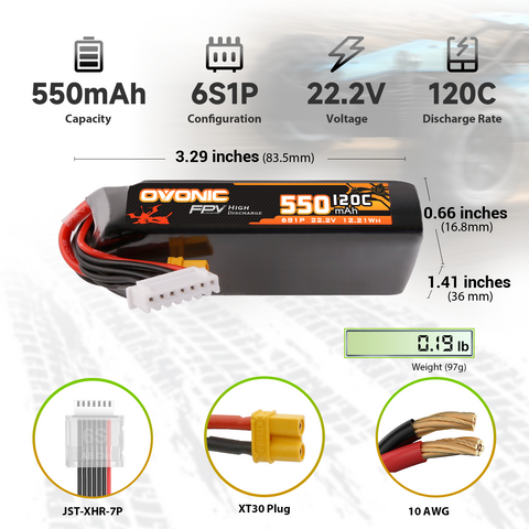 2×Ovonic 120C 550mAh 6S LiPo Battery 22.2V with XT30 Plug for 6S FPV Cinewhoop Drone