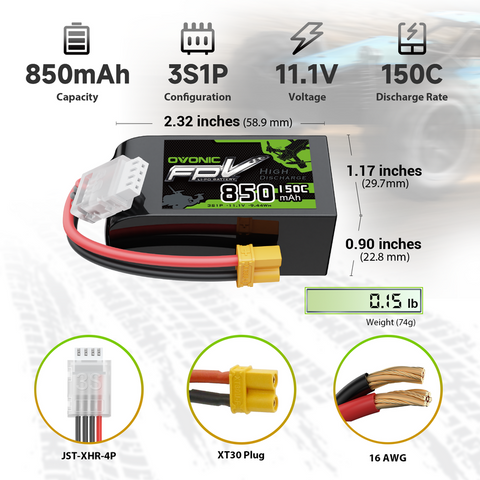 OVONIC 11.1V 150C 850mAh 3S LiPo Battery with XT30 Plug for 3 to 5-inch FPV drones 150 &180 Size Quadcopters