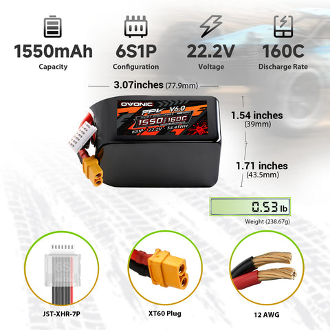 2-Pack Ovonic 6S 1550mAh 160C 22.2V LiPo Battery w/XT60 Plug