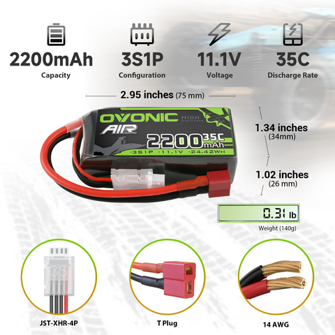Ovonic 2S 2200mAh 35C 7.4V LiPo Battery with Deans/T-Plug for 1/14 RC Cars, Airplanes, and Helicopters (2 Pack)