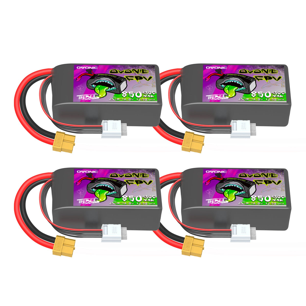 4 × Ovonic Rebel 2.0 130C 4S 850mah Lipo Battery 14.8V Pack with XT60 Plug for FPV Racing