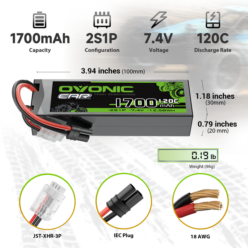 OVONIC 1700mAh 120C 7.4V Lipo Battery with IEC Plug