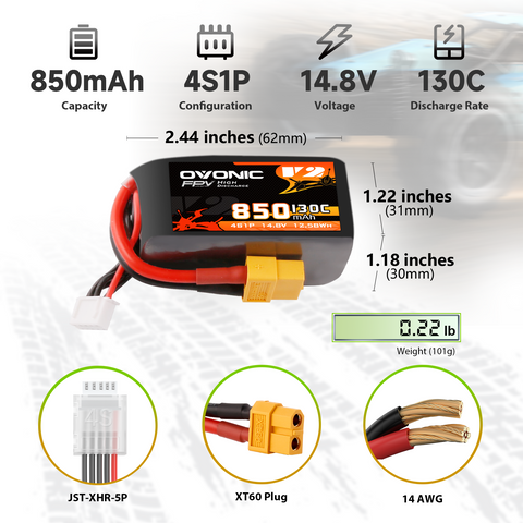 4× OVONIC 11.1V 130C 850mAh 4S LiPo Battery with XT60 Plug for 4S FPV Cinewhoop iFlight Nazgul5 V2 BetaFPV 180X