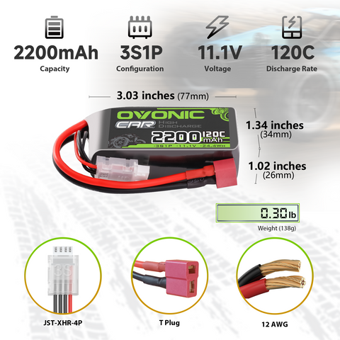 2 × OVONIC 3S Short LiPo Battery 11.1V 2200mAh 120C with Deans-T Plug for RC Cars Trucks Airplanes Helicopters Boats