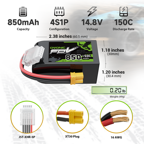 OVONIC 14.8V 150C 850mAh 4S LiPo Battery with XT30 Plug for 4S FPV Cinewhoop & Racing Drones