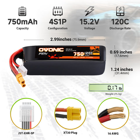 2-Pack Ovonic 4S 750mAh 120C 15.2V LiHV Battery w/XT30 Plug