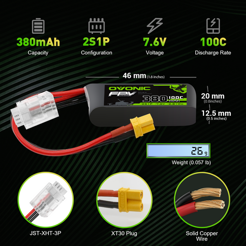 4×OVONIC 2S Lipo Battery 380mAh 2S1P 100C 7.4V LiPo Battery with XT30 Plug for Tinywhoop FPV Drone Quadcopter