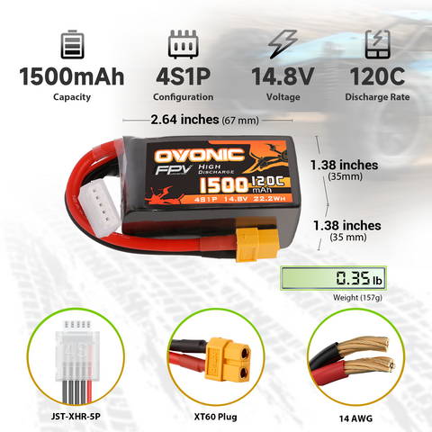 2x Ovonic 120C 4S1P 1500mAh 14.8V LiPo Battery for FPV - XT60 Plug