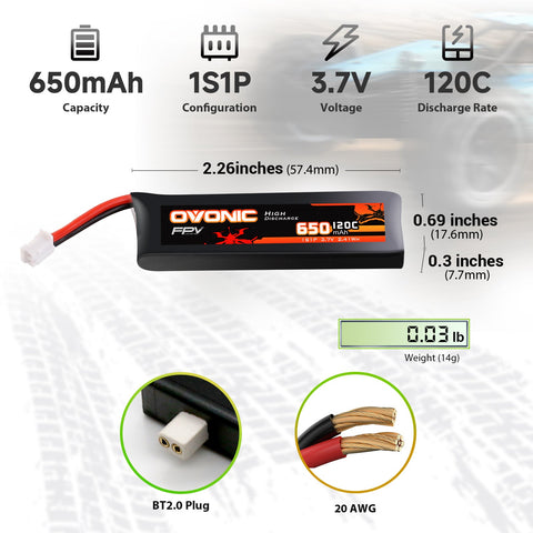 4-Pack Ovonic 1S 650mAh 120C 3.7V LiPo Battery w/PH2.0 Plug