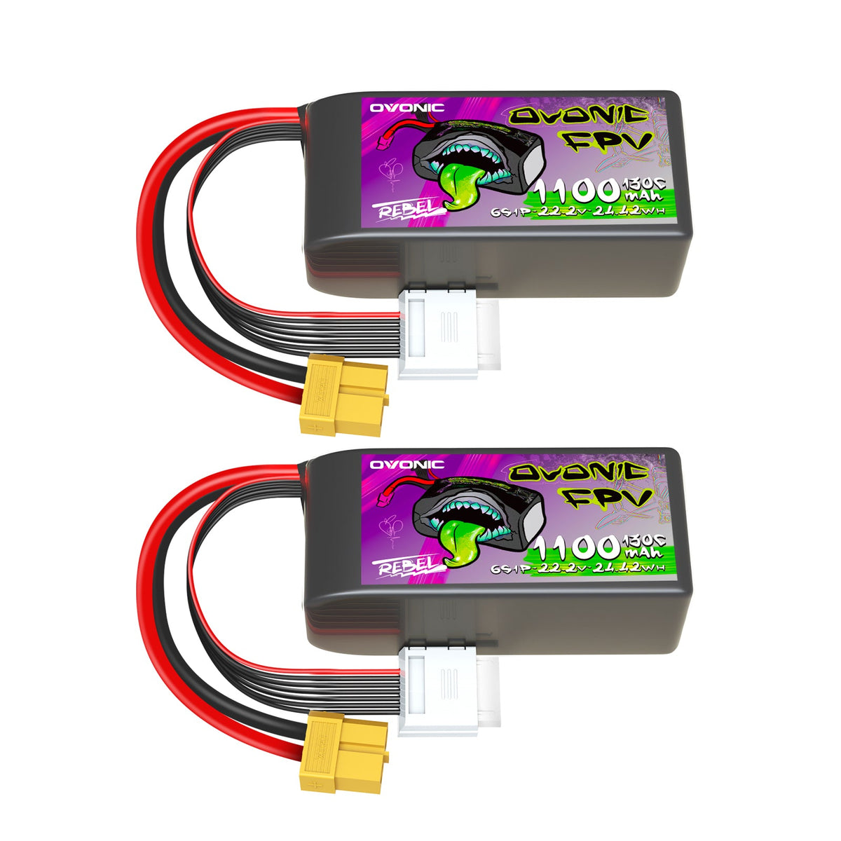 2 × Ovonic Rebel 2.0 130C 6S 1100mah Lipo Battery 22.2V Pack with XT60 Plug for FPV Racing