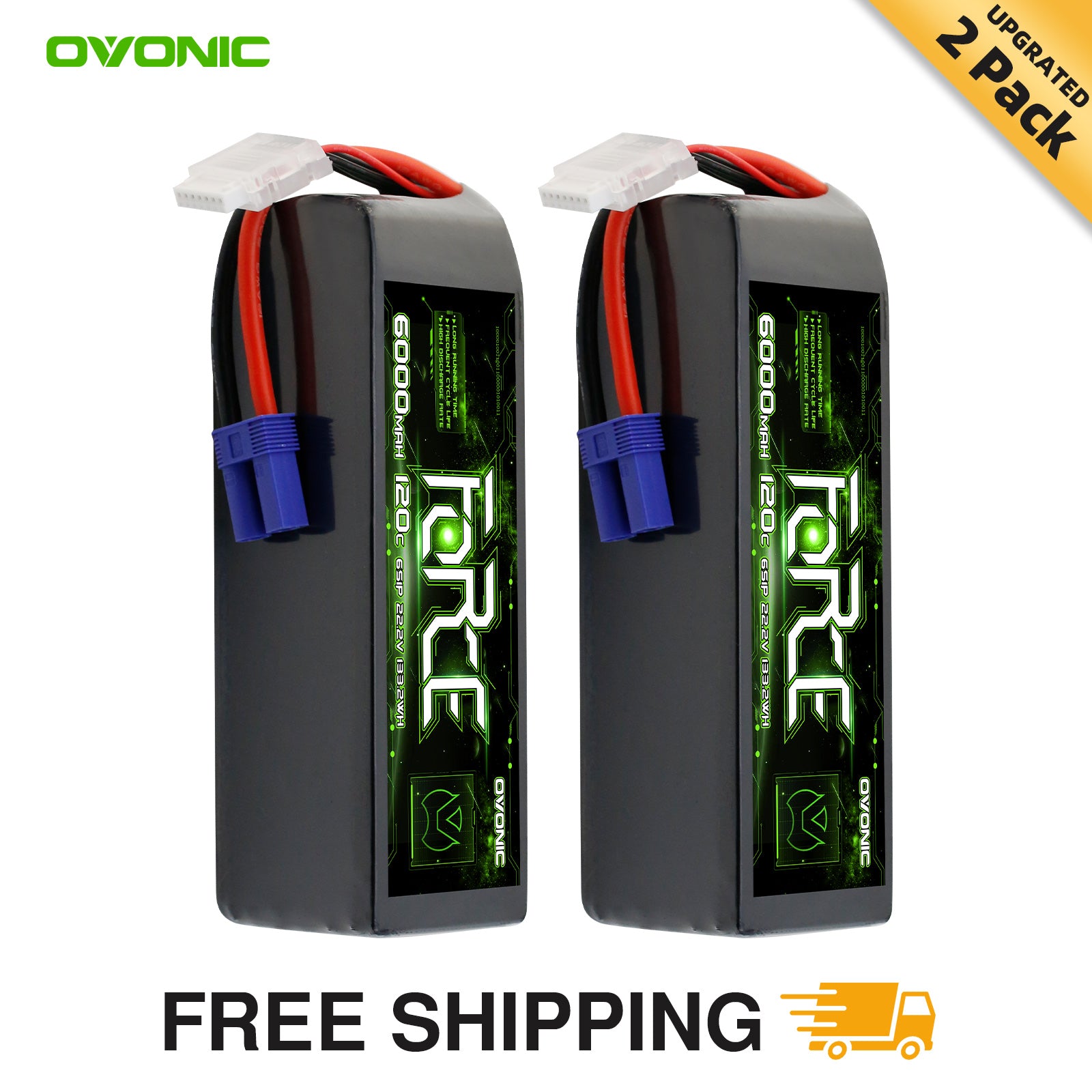 2-Pack Ovonic Force 6S 6000mAh 120C 22.2V LiPo w/ EC5 Plug & Checker for Arrma Outcast, 90mm EDF Jet & Long Flight