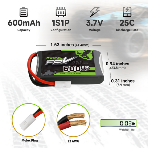 6× OVONIC 7.4V 25C 600mAh 1S LiPo Batteries with Molex Plug for Syma UDI 1S FPV Quadcopter