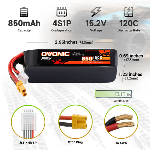 2-Pack Ovonic 4S 850mAh 120C 15.2V LiHV Battery w/XT30 Plug
