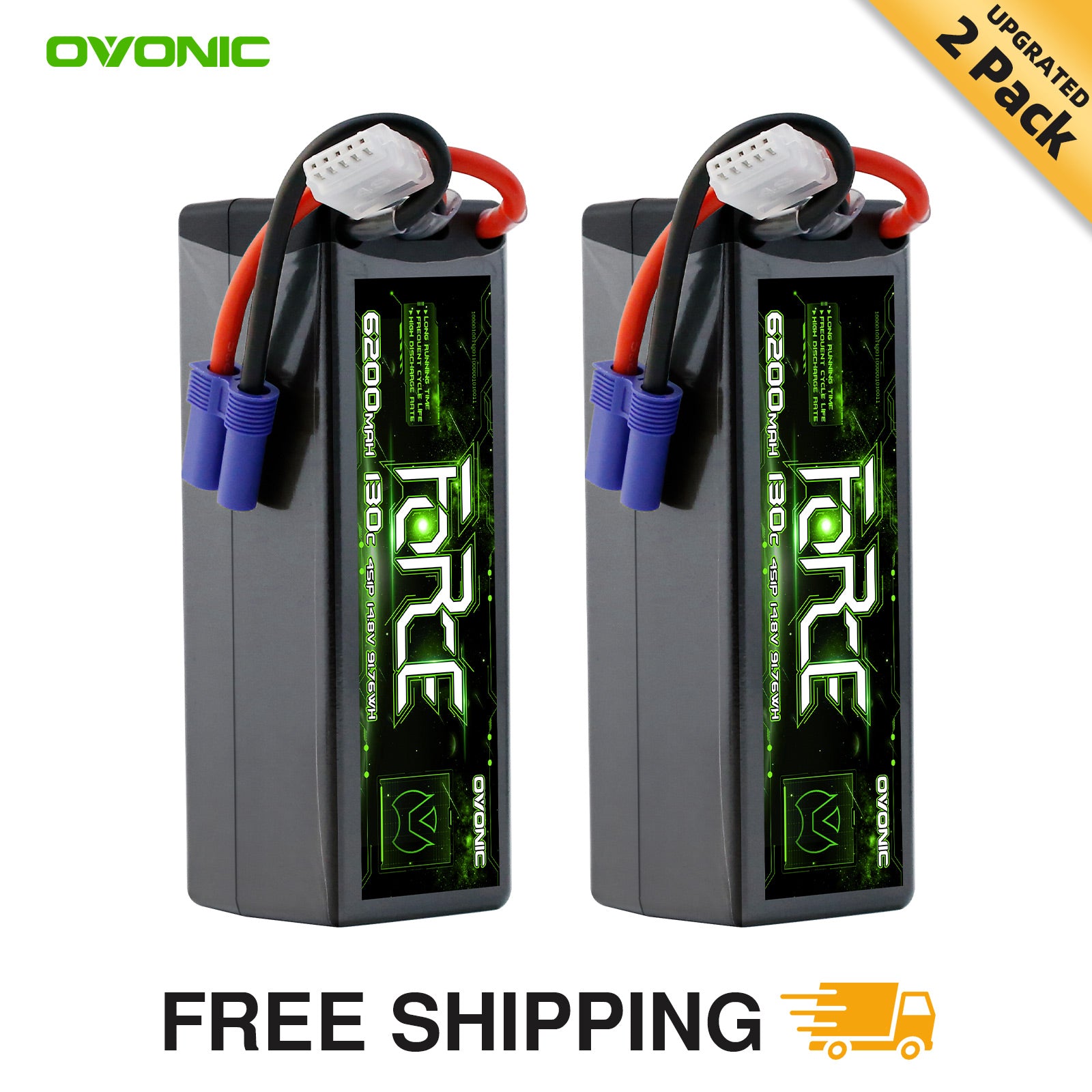 2Pack Ovonic 4S 6200mAh 130C Hardcase LiPo EC5 for Arrma 1/8 & 1/10 RC Car