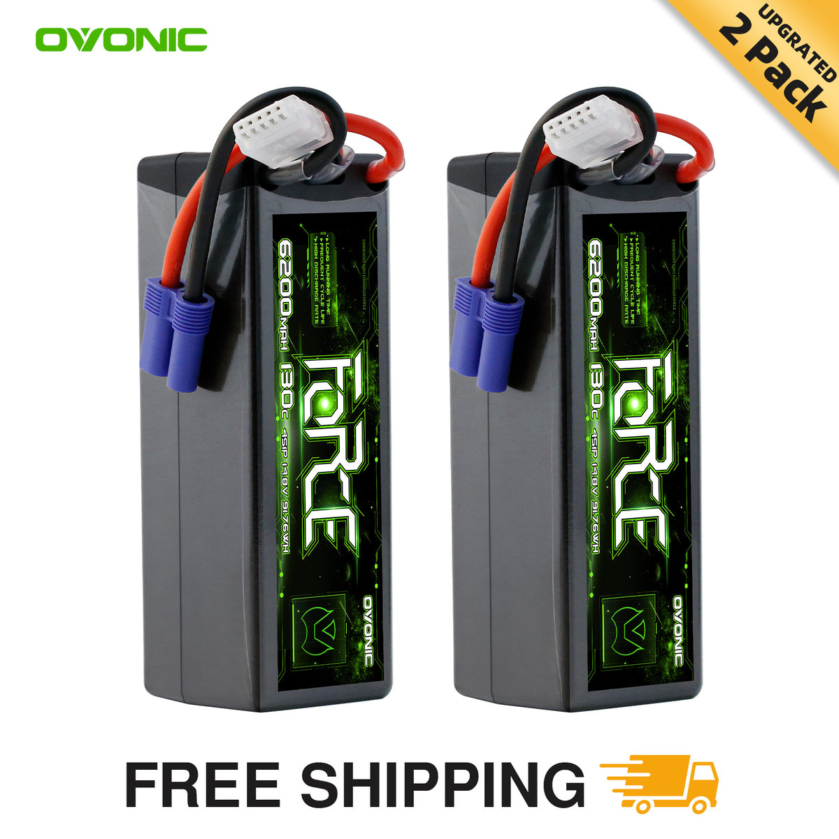 2Pack Ovonic 4S 6200mAh 130C Hardcase LiPo EC5 for Arrma 1/8 & 1/10 RC Car
