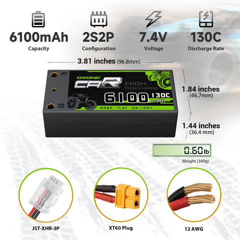 OVONIC Drag Racing Series 2S Lipo Battery 6100mAh 2S2P 130C 7.4V Hardcase Shorty LiPo Pack with 8.0mm Bullet for RC Drag Racing Cars