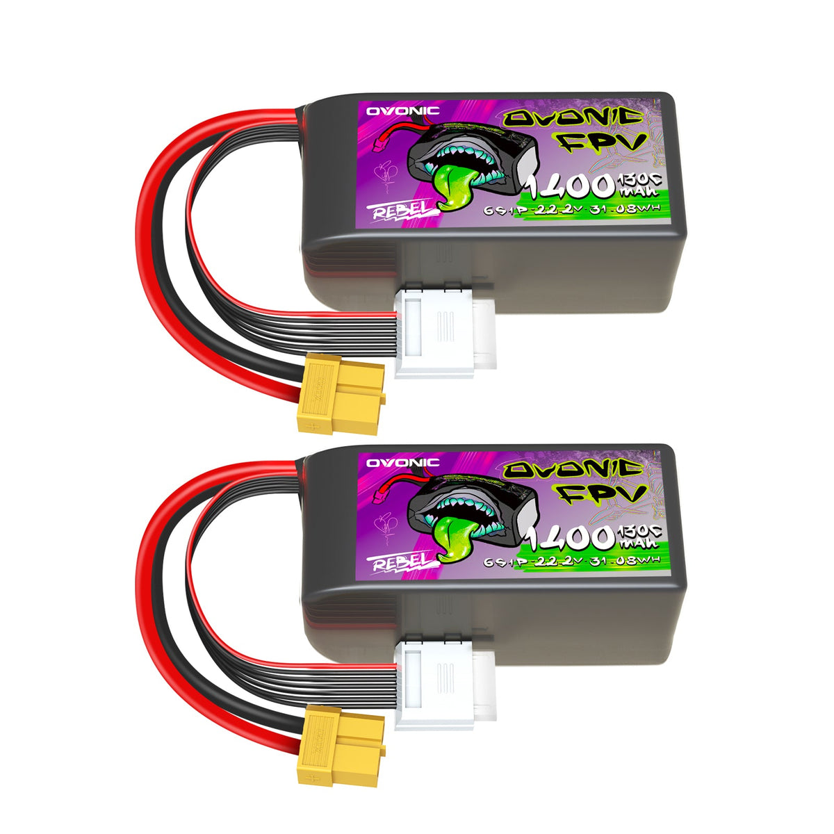 2×Ovonic Rebel 2.0 6S Lipo Battery 1400mAh 6S1P 130C 22.2V FPV LiPo Battery with XT60 Plug for FPV Racing Freestyle Cinewhoop Toothpick Long Range Drone