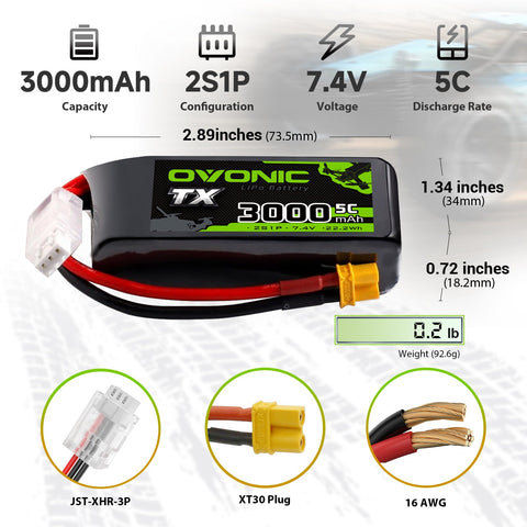 2-Pack Ovonic 2S 3000mAh 5C 7.4V LiPo Battery w/XT30 Plug for RC Transmitters and Receivers