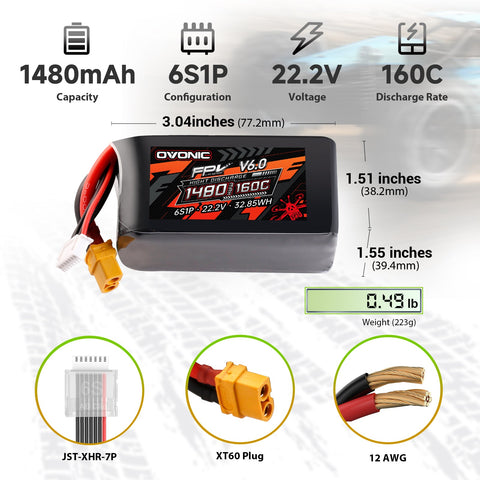 2-Pack Ovonic 6S 1480mAh 160C 22.2V LiPo Battery w/XT60 Plug
