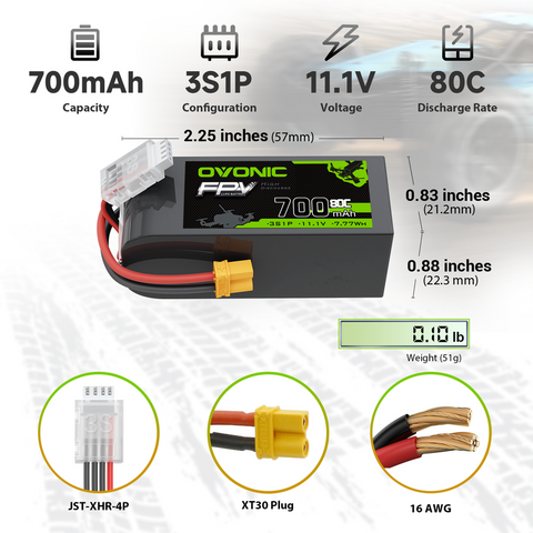 2× OVONIC 11.1V 80C 700mAh 3S LiPo Battery with XT30 Plug for OMPHOBBY M2 RC Helicopter Mikado LOGO200