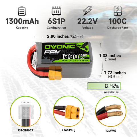 Ovonic 6S 1300mAh 100C 22.2V LiPo Battery with XT60 Plug for 5-6 Inch FPV Freestyle Drone (Multi-Pack Options)